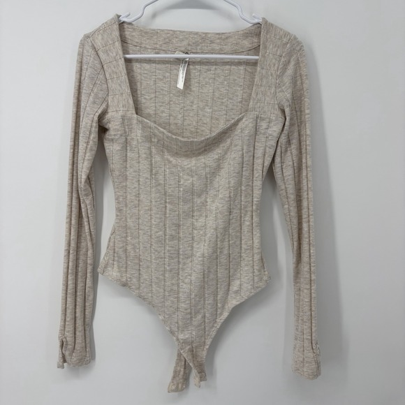 FREE PEOPLE Intimately Tops - FREE PEOPLE Beige Long Sleeve Beside Me Ribbed Bodysuit Size Small Square Neck